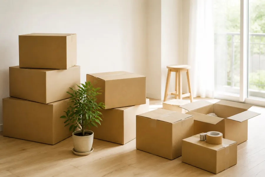 明るい部屋に並ぶ引越し用の段ボール箱
